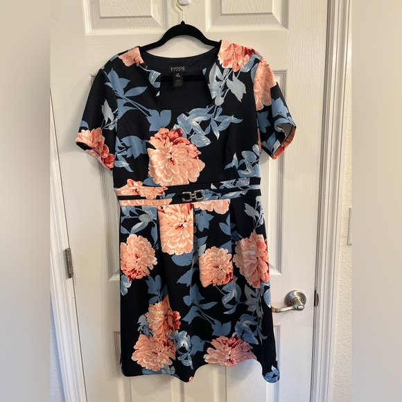 Enfocus Studio Navy Blue and Pink Fit and Flare Midi Dress Pleated - Picture 2 of 4